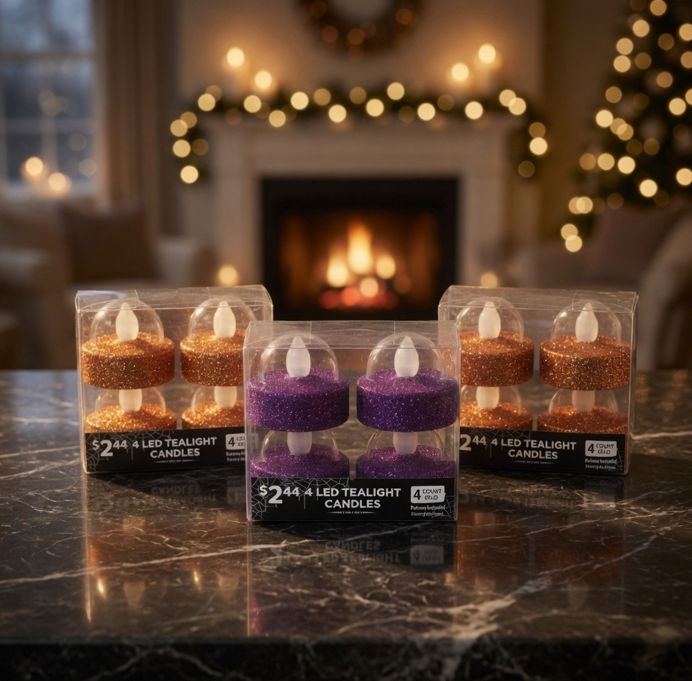 Way To Celebrate Halloween LED Glitter Tealight Candles 12 Pcs Orange Purple NIB